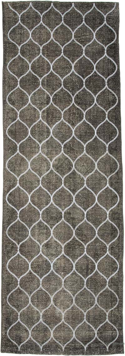 Gri İşlemeli ve Boyalı El Dokuma Vintage Halı - 140 cm x 427 cm