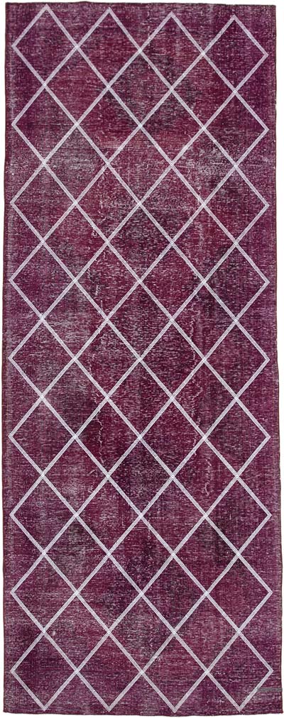 Pembe İşlemeli ve Boyalı El Dokuma Vintage Halı - 140 cm x 366 cm