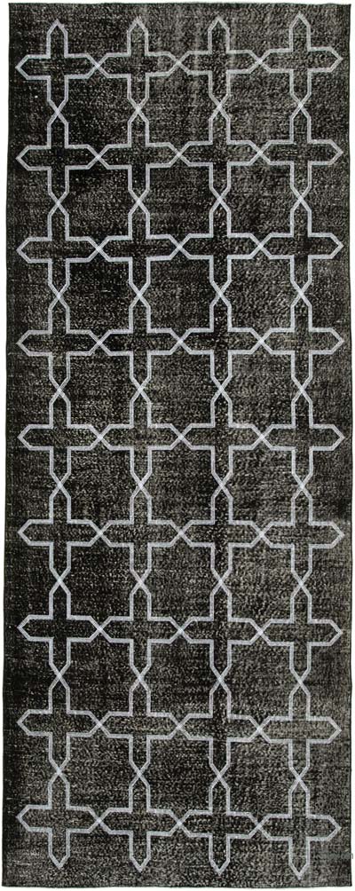 Siyah İşlemeli ve Boyalı El Dokuma Vintage Halı - 142 cm x 371 cm
