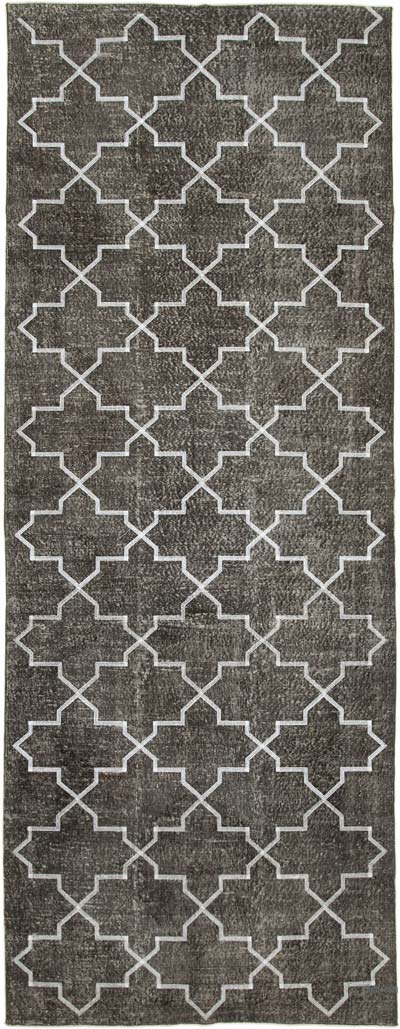 Gri İşlemeli ve Boyalı El Dokuma Vintage Halı - 148 cm x 388 cm