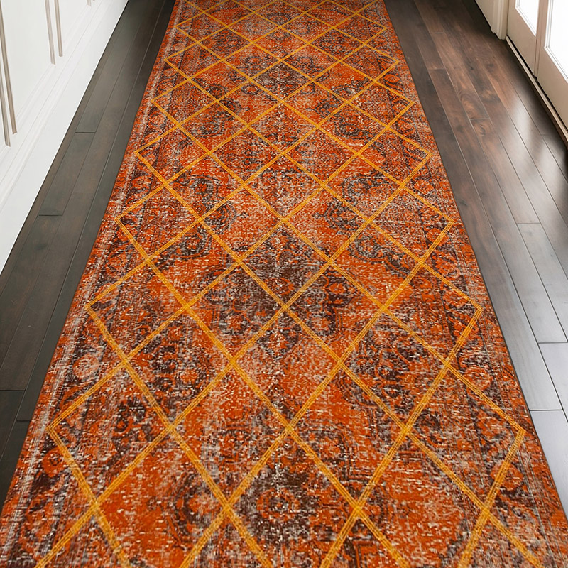 İşlemeli ve Boyalı El Dokuma Vintage Halı - 141 cm x 375 cm - K0038686
