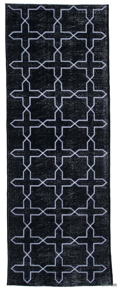 Black Embroidered Over-dyed Turkish Vintage Runner - 4' 8" x 12' 8" (56 in. x 152 in.)