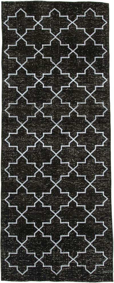 Siyah İşlemeli ve Boyalı El Dokuma Vintage Halı - 147 cm x 379 cm