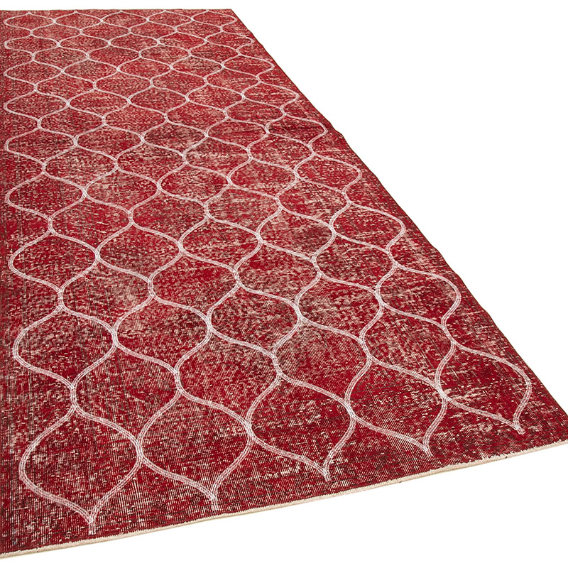 Kırmızı İşlemeli ve Boyalı El Dokuma Vintage Halı - 145 cm x 366 cm - K0038691