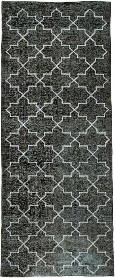 Siyah İşlemeli ve Boyalı El Dokuma Vintage Halı - 150 cm x 372 cm