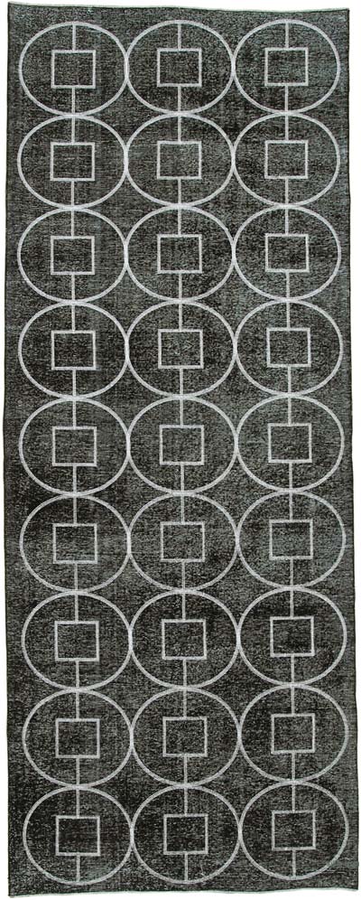 Siyah İşlemeli ve Boyalı El Dokuma Vintage Halı - 144 cm x 369 cm