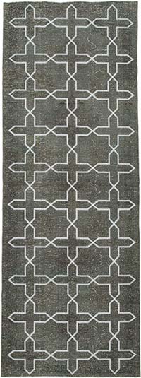 Gri İşlemeli ve Boyalı El Dokuma Vintage Halı - 146 cm x 405 cm