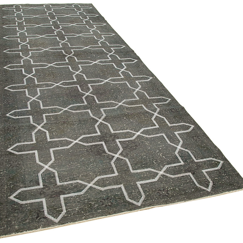 Gri İşlemeli ve Boyalı El Dokuma Vintage Halı - 146 cm x 405 cm - K0038695