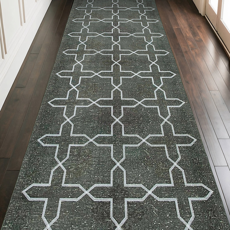 Gri İşlemeli ve Boyalı El Dokuma Vintage Halı - 146 cm x 405 cm - K0038695
