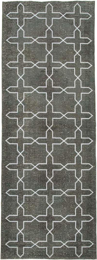 Gri İşlemeli ve Boyalı El Dokuma Vintage Halı - 146 cm x 405 cm