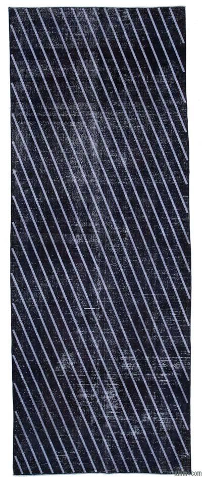 Siyah İşlemeli ve Boyalı El Dokuma Vintage Halı - 141 cm x 372 cm