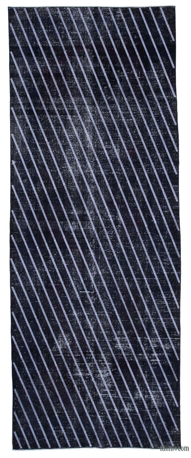 Siyah İşlemeli ve Boyalı El Dokuma Vintage Halı - 141 cm x 372 cm - K0038697