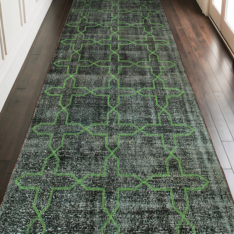 Gri İşlemeli ve Boyalı El Dokuma Vintage Halı - 142 cm x 372 cm - K0038700