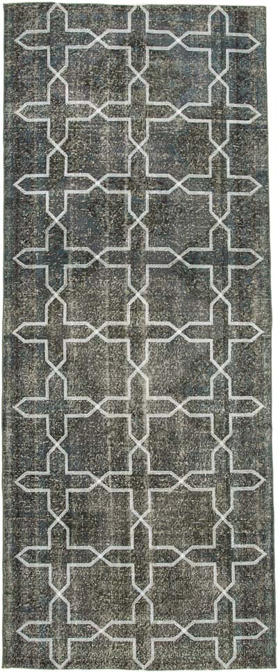 Gri İşlemeli ve Boyalı El Dokuma Vintage Halı - 144 cm x 361 cm