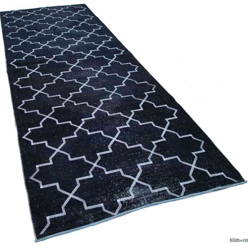 Black Embroidered Over-dyed Turkish Vintage Runner - 4' 7" x 12' 6" (55 in. x 150 in.) - K0038703