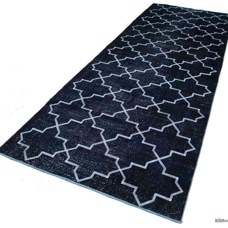 Black Embroidered Over-dyed Turkish Vintage Runner - 4' 7" x 12' 6" (55 in. x 150 in.) - K0038703
