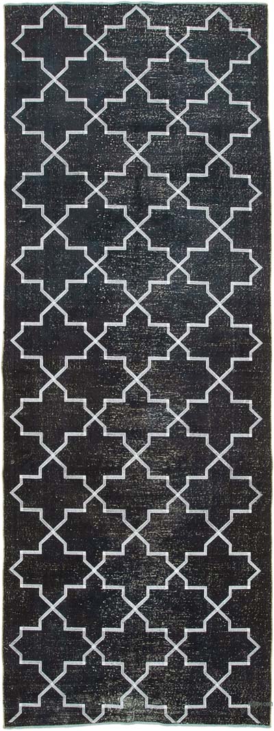 Siyah İşlemeli ve Boyalı El Dokuma Vintage Halı - 140 cm x 380 cm