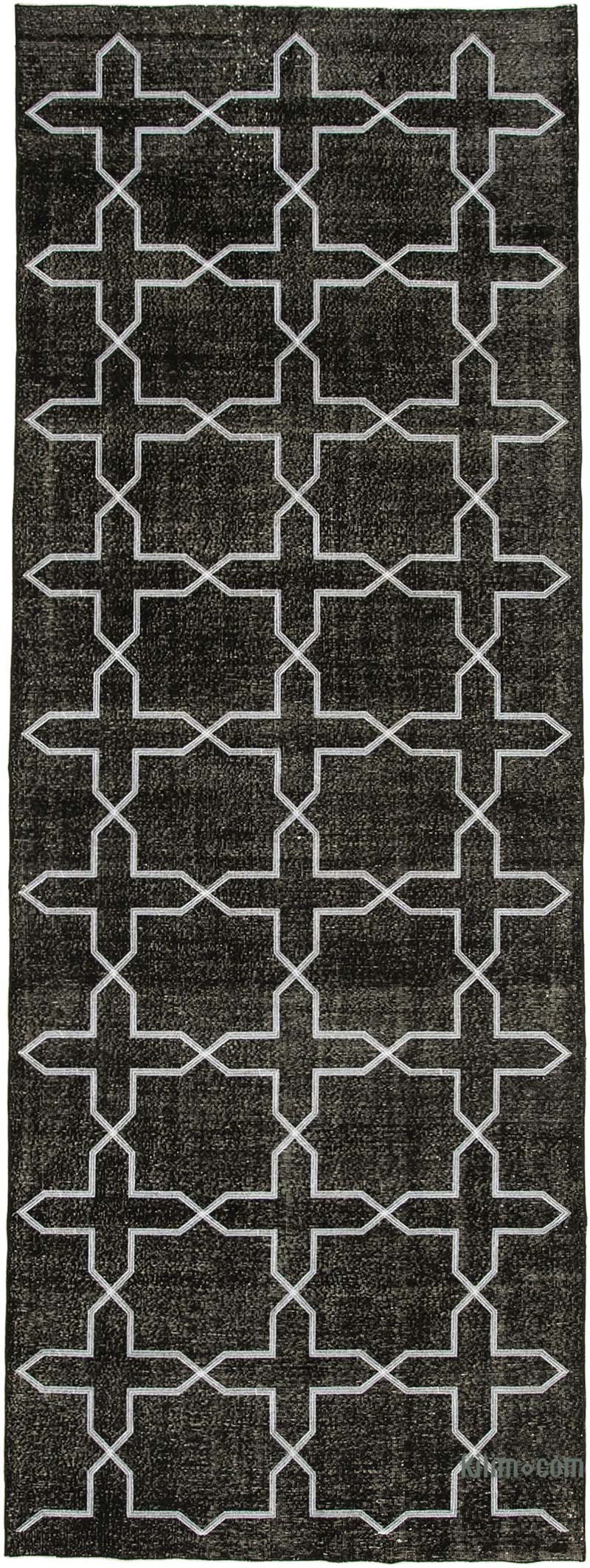 Negro Alfombra Turca bordada sobre teñida vintage - 143 cm x 393 cm - K0038706