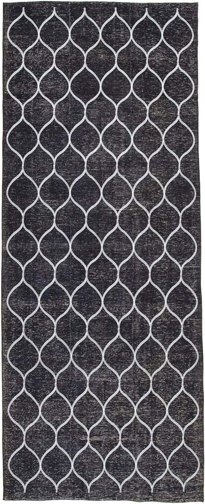 Siyah İşlemeli ve Boyalı El Dokuma Vintage Halı - 147 cm x 370 cm