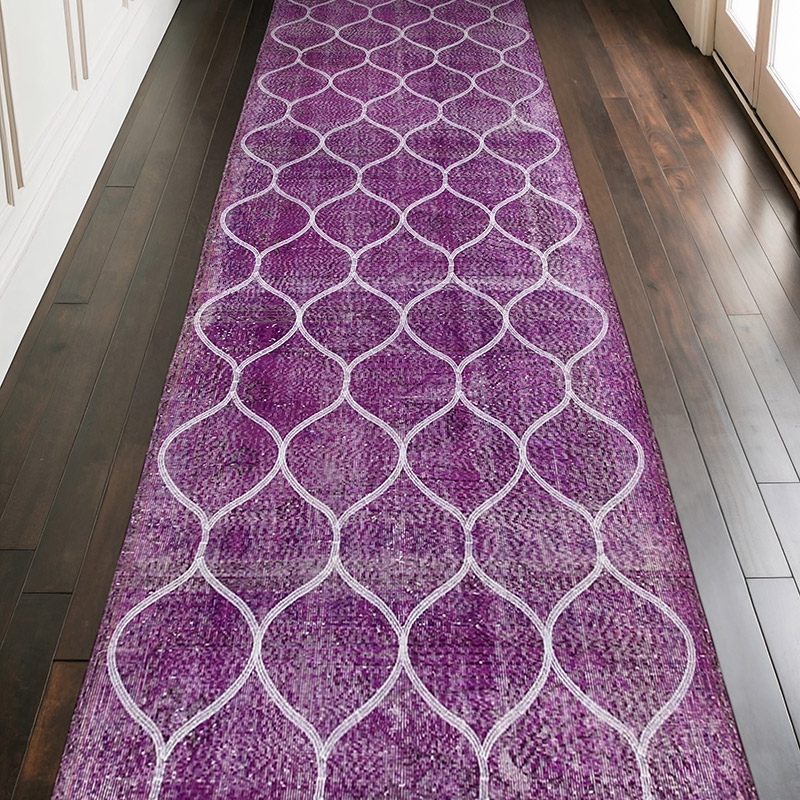 Pembe İşlemeli ve Boyalı El Dokuma Vintage Halı - 122 cm x 360 cm - K0038708