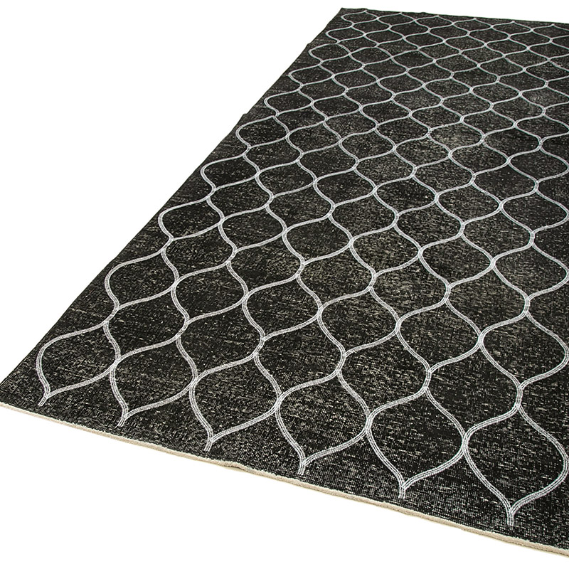 Siyah İşlemeli ve Boyalı El Dokuma Vintage Halı - 147 cm x 404 cm - K0038709