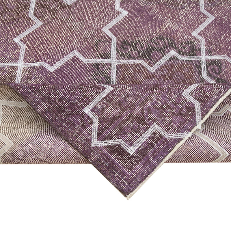 Mor İşlemeli ve Boyalı El Dokuma Vintage Halı - 148 cm x 395 cm - K0038713