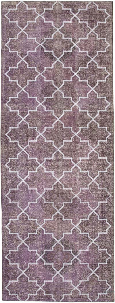 Mor İşlemeli ve Boyalı El Dokuma Vintage Halı - 148 cm x 395 cm