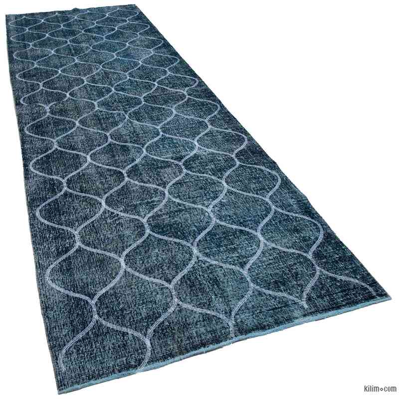 Blue Embroidered Over-dyed Turkish Vintage Runner - 4' 5" x 12' 10" (53 in. x 154 in.) - K0038718