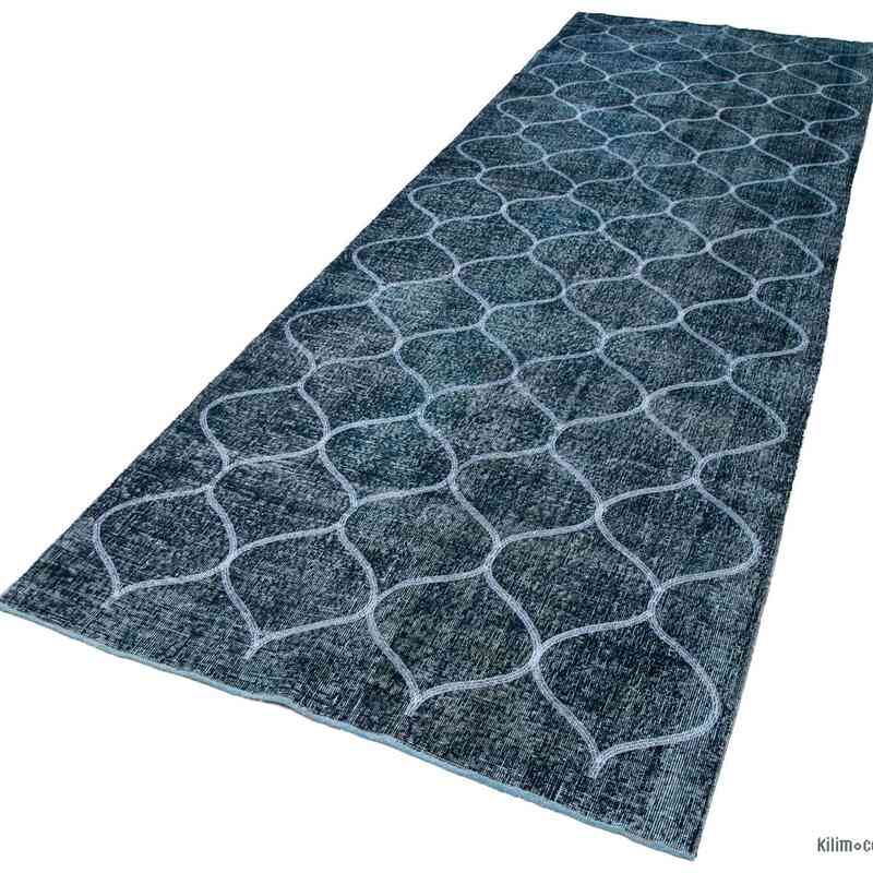Blue Embroidered Over-dyed Turkish Vintage Runner - 4' 5" x 12' 10" (53 in. x 154 in.) - K0038718