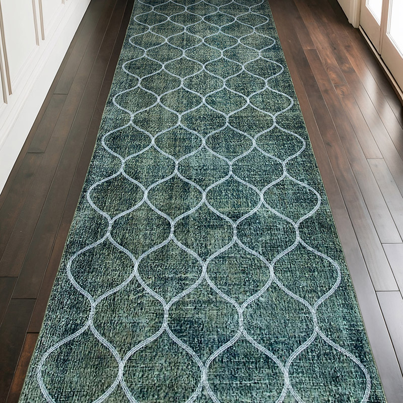 Lacivert İşlemeli ve Boyalı El Dokuma Vintage Halı - 134 cm x 392 cm - K0038718