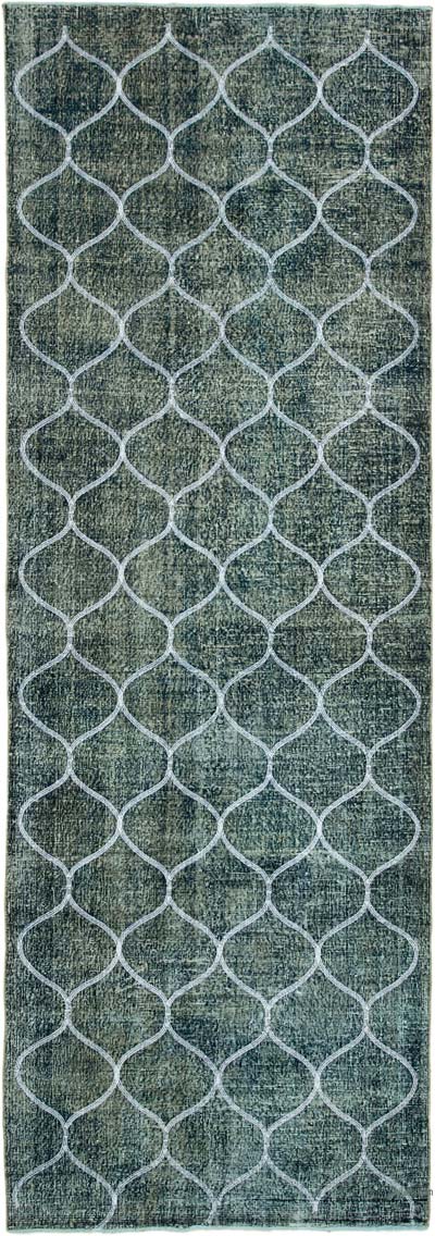 Lacivert İşlemeli ve Boyalı El Dokuma Vintage Halı - 134 cm x 392 cm