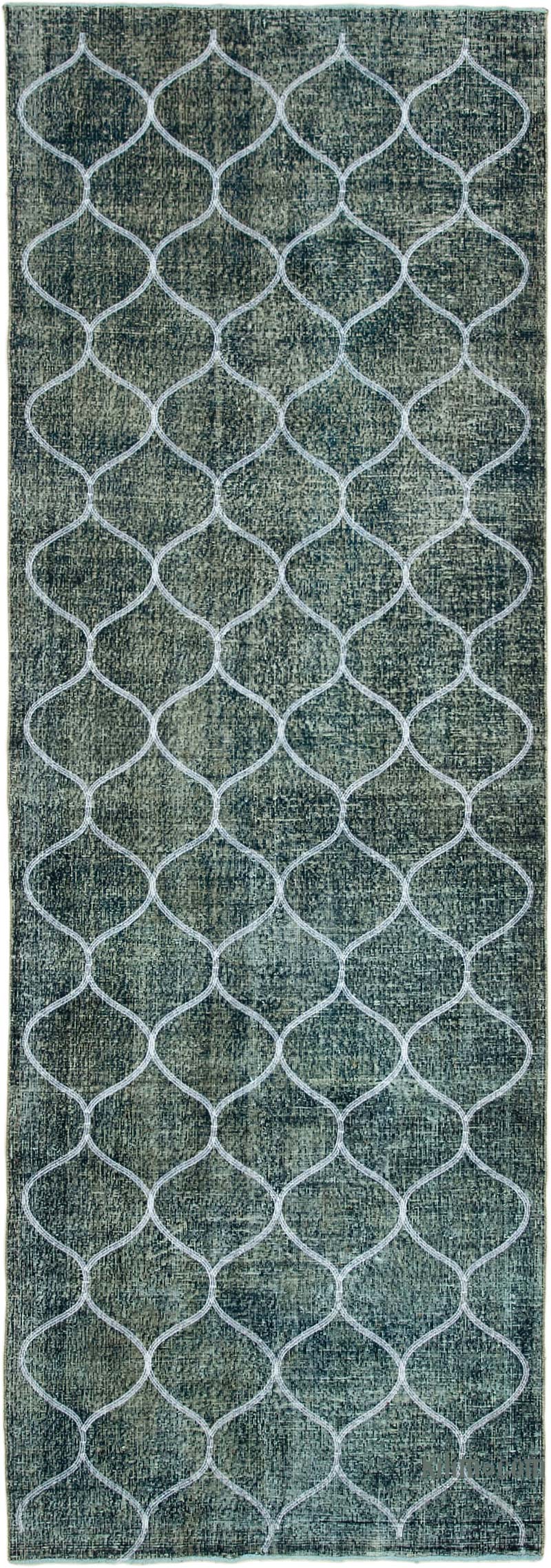 Lacivert İşlemeli ve Boyalı El Dokuma Vintage Halı - 134 cm x 392 cm - K0038718