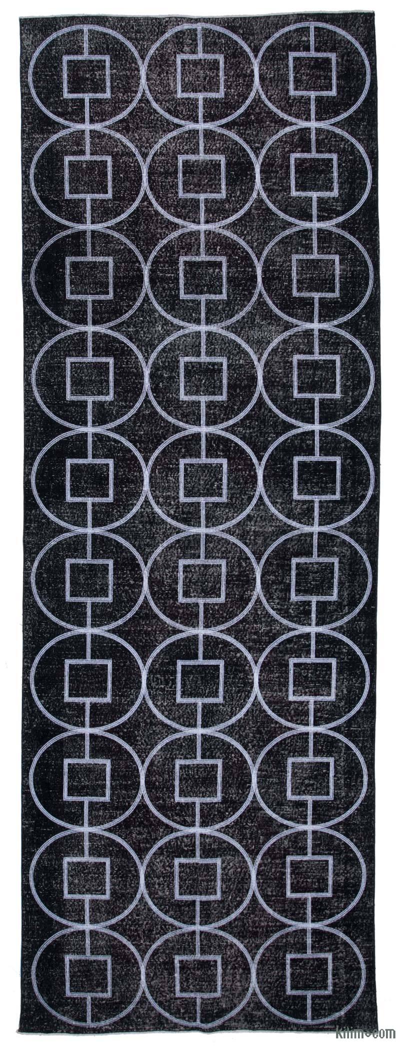 Siyah İşlemeli ve Boyalı El Dokuma Vintage Halı - 141 cm x 306 cm - K0038719