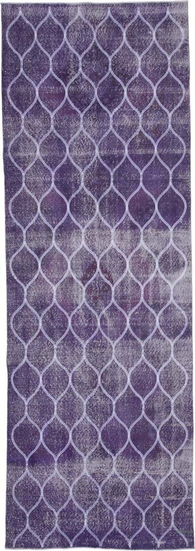 Mor İşlemeli ve Boyalı El Dokuma Vintage Halı - 131 cm x 382 cm