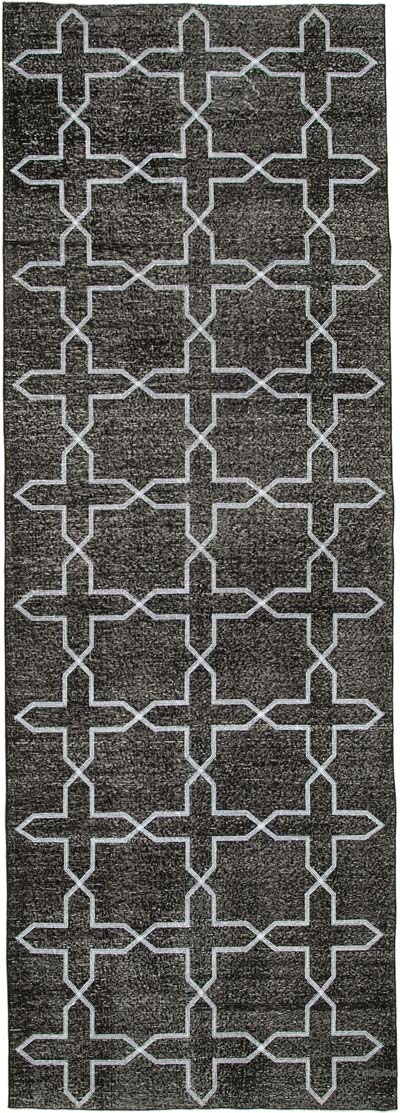 Siyah İşlemeli ve Boyalı El Dokuma Vintage Halı - 138 cm x 402 cm