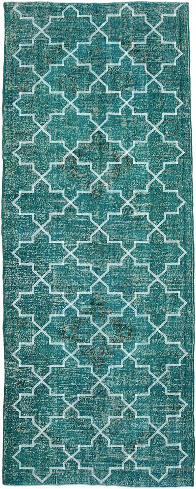 İşlemeli ve Boyalı El Dokuma Vintage Halı - 152 cm x 384 cm