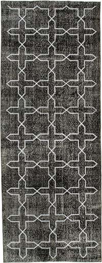 Siyah İşlemeli ve Boyalı El Dokuma Vintage Halı - 150 cm x 391 cm