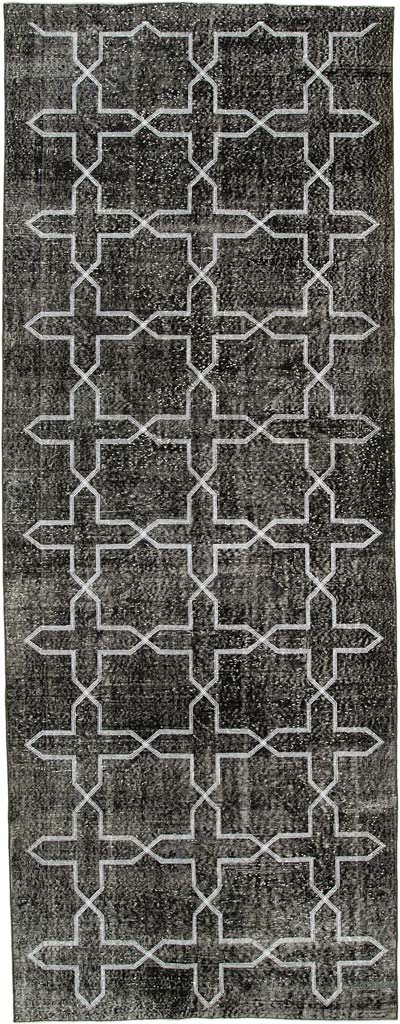 Siyah İşlemeli ve Boyalı El Dokuma Vintage Halı - 150 cm x 391 cm
