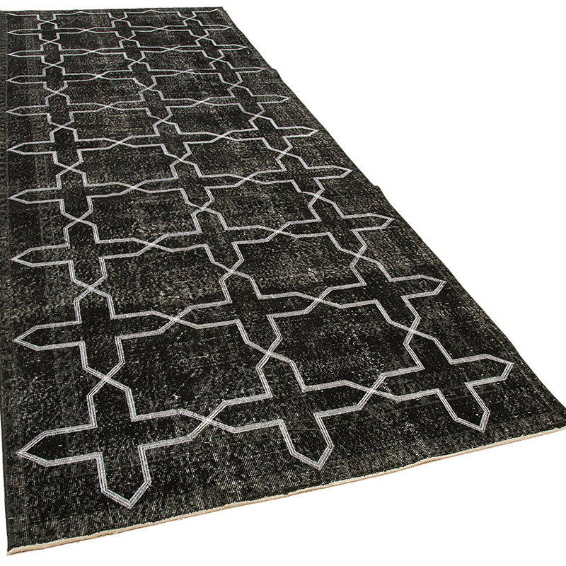 Siyah İşlemeli ve Boyalı El Dokuma Vintage Halı - 142 cm x 390 cm - K0038727