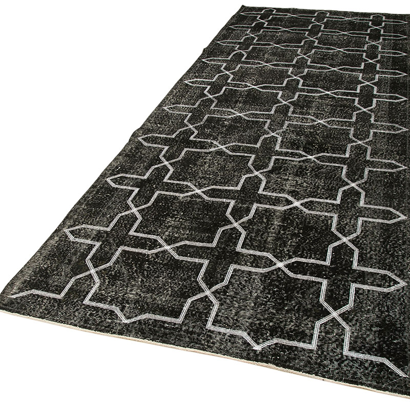 Siyah İşlemeli ve Boyalı El Dokuma Vintage Halı - 142 cm x 390 cm - K0038727