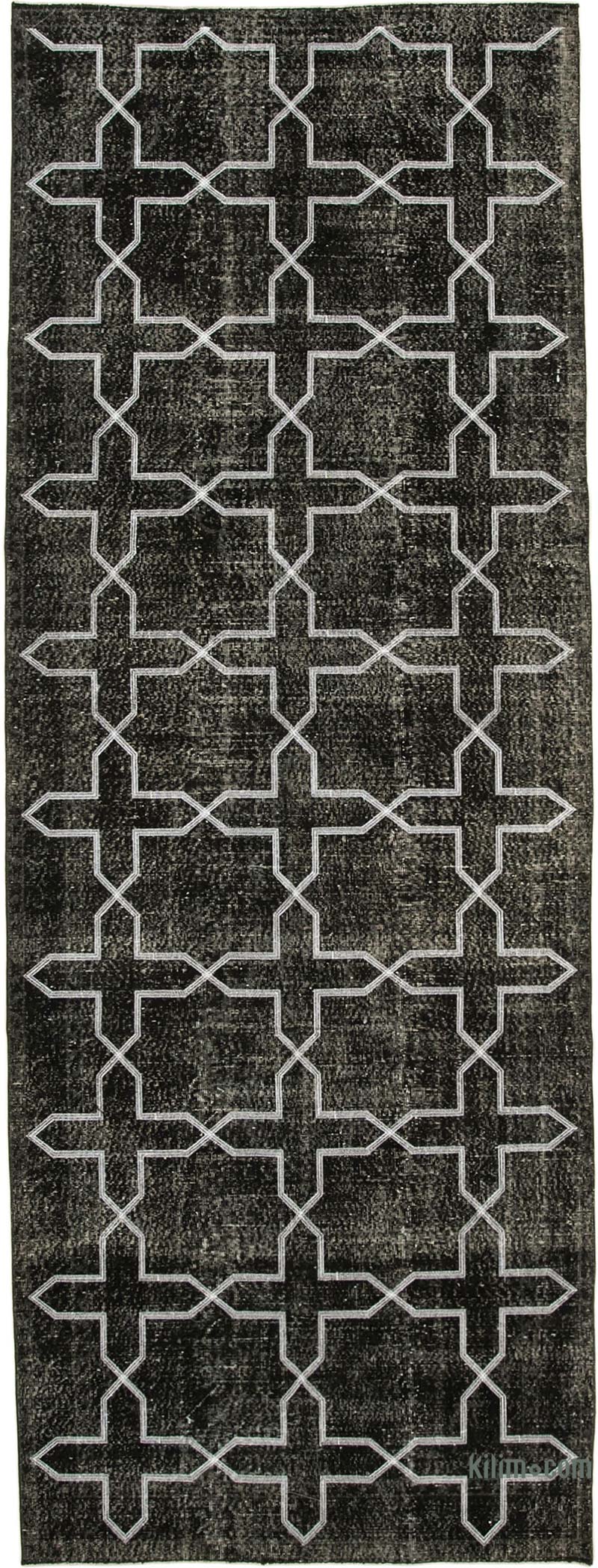 Siyah İşlemeli ve Boyalı El Dokuma Vintage Halı - 142 cm x 390 cm - K0038727