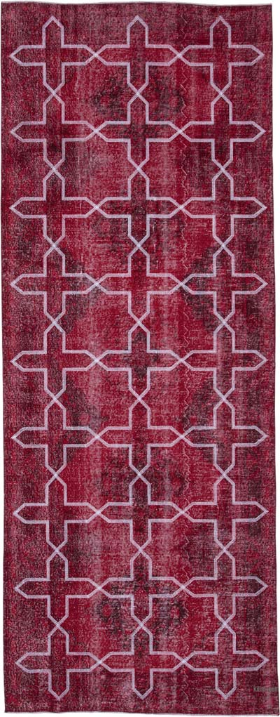Kırmızı İşlemeli ve Boyalı El Dokuma Vintage Halı - 143 cm x 384 cm