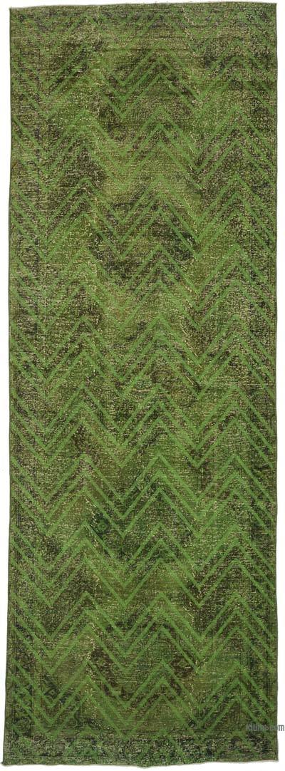 Yeşil İşlemeli ve Boyalı El Dokuma Vintage Halı - 148 cm x 406 cm