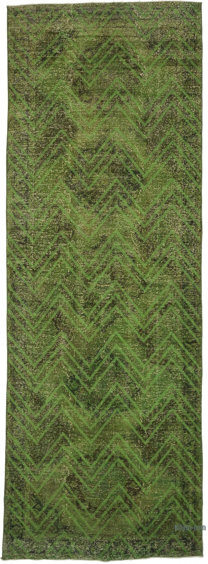 Yeşil İşlemeli ve Boyalı El Dokuma Vintage Halı - 148 cm x 406 cm - K0038731