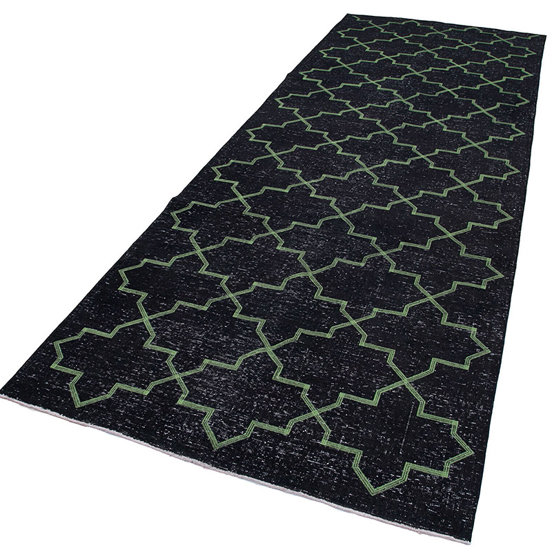 Siyah İşlemeli ve Boyalı El Dokuma Vintage Halı - 141 cm x 388 cm - K0038734