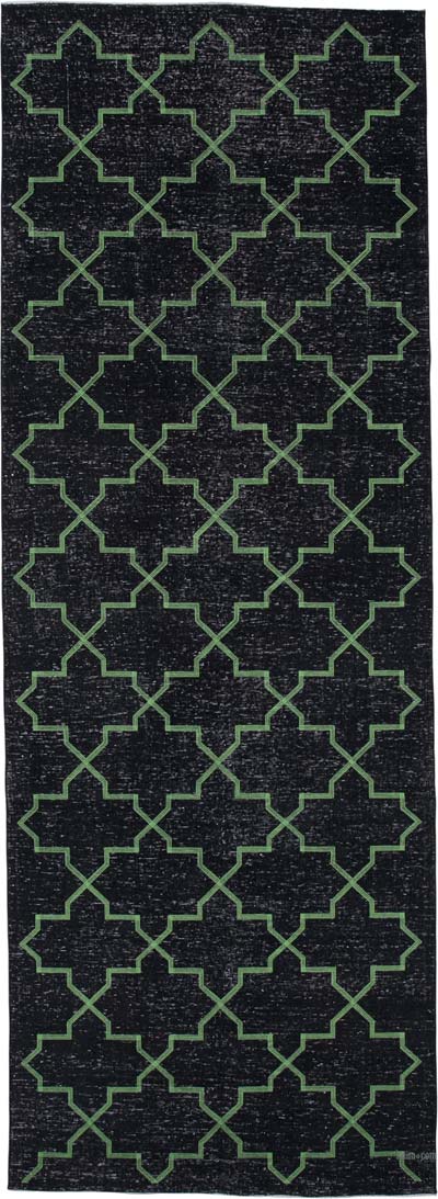 Siyah İşlemeli ve Boyalı El Dokuma Vintage Halı - 141 cm x 388 cm