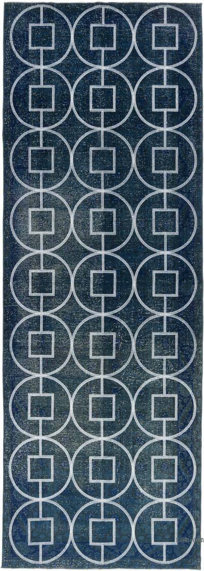 Lacivert İşlemeli ve Boyalı El Dokuma Vintage Halı - 128 cm x 364 cm