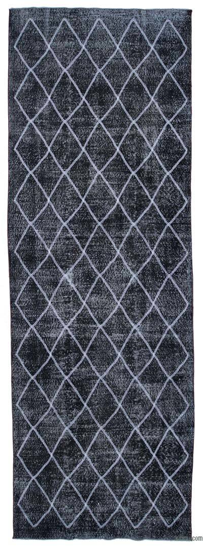 Black Embroidered Over-dyed Turkish Vintage Runner - 4' 8" x 13' 7" (56 in. x 163 in.)