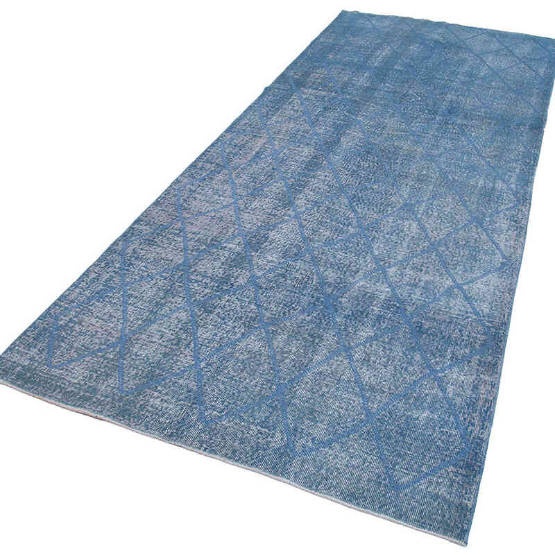 Açık Mavi İşlemeli ve Boyalı El Dokuma Vintage Halı - 143 cm x 338 cm - K0038738