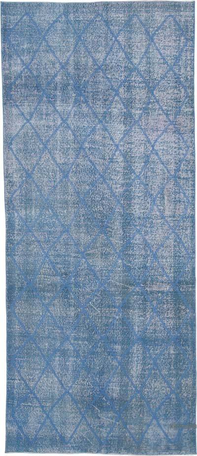 Açık Mavi İşlemeli ve Boyalı El Dokuma Vintage Halı - 143 cm x 338 cm